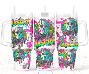40oz Neon Horror Tumbler with Lid & Straw – Retro Slasher-Inspired Splatter Cup