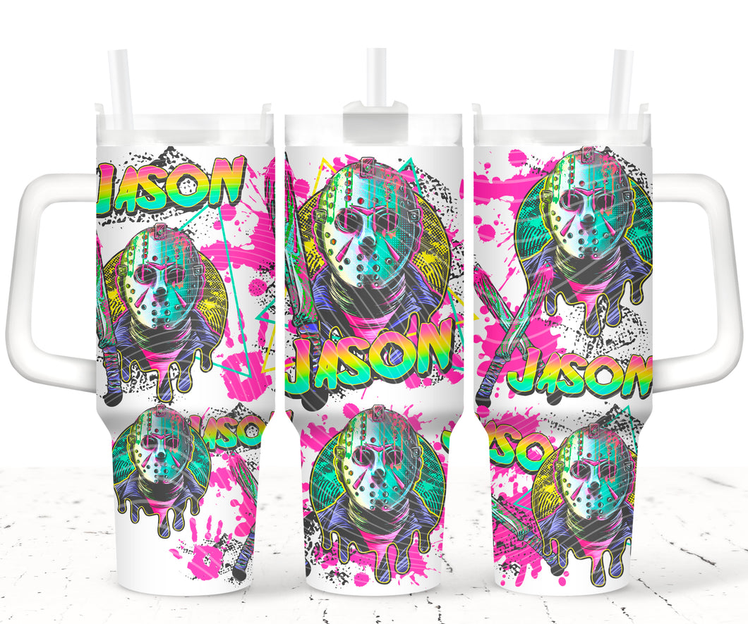 40oz Neon Horror Tumbler with Lid & Straw – Retro Slasher-Inspired Splatter Cup